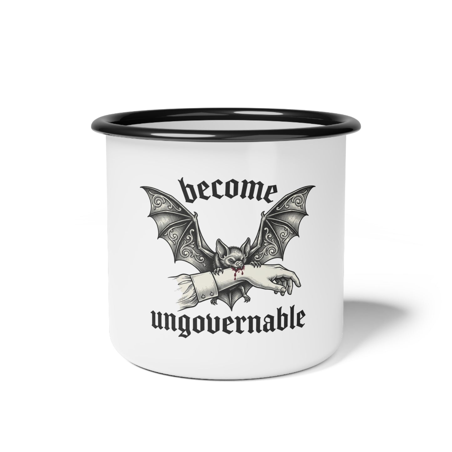 Enamel Camp Cup — Gothic Bat “become ungovernable” Camping Mug