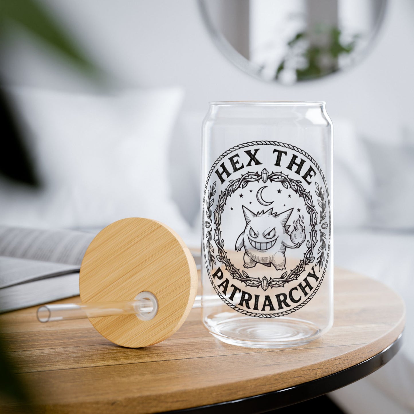 Ghost Halloween Hex the Patriarchy 16oz Glass Sipper Witch Vibe Drinkware with and without lid