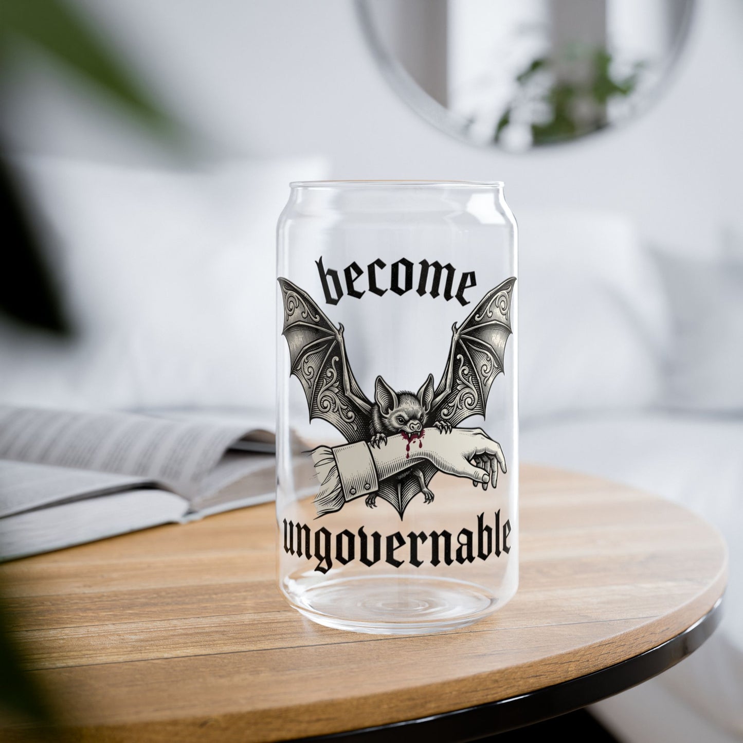 16oz Bat Sipper Glass — “Become Ungovernable” Gothic Straw Tumbler