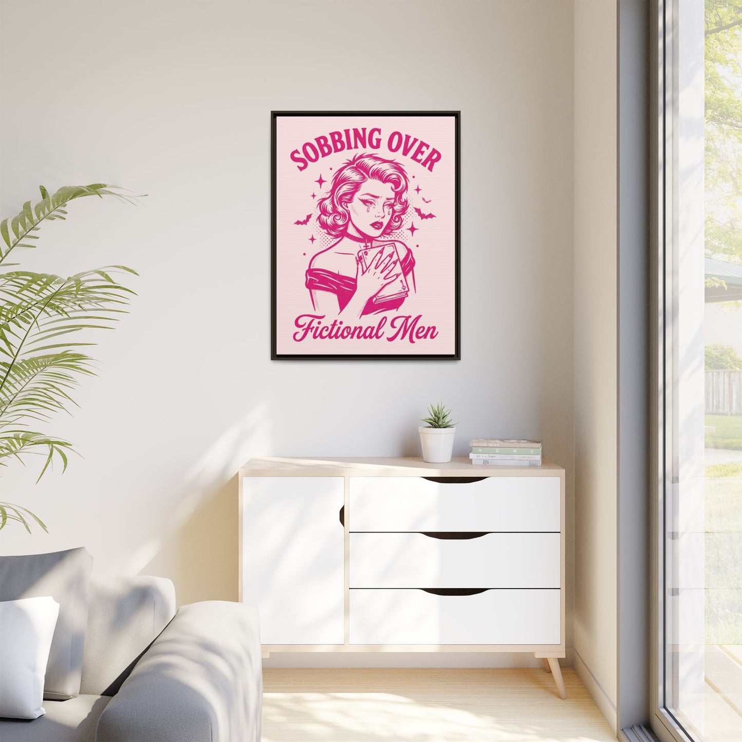 Framed Canvas Print — “Sobbing Over Fictional Men” Retro Pop Art