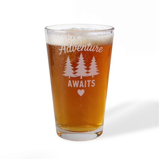Adventure Awaits Engraved Pint Glass — 16oz Mixing Glass with Trees & Heart