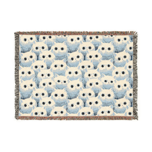White Cat Woven Blanket — Cute Fluffy Cat Throw for Cat Lovers & Kawaii Cottagecore Decor