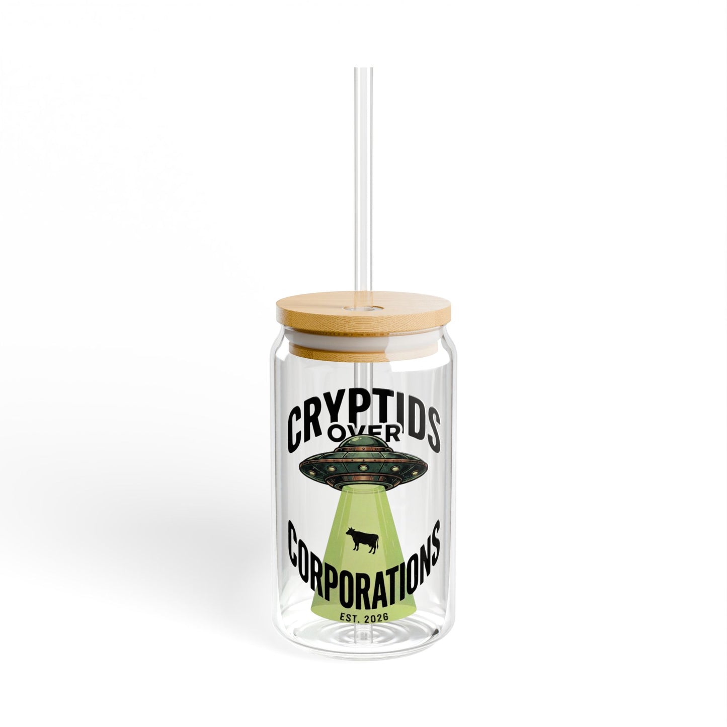 Cryptids Over Corporations Alien Glass Can | UFO Iced Coffee Cup with Bamboo Lid and Straw | Funny Alien Gift | Sci-Fi Drinkware