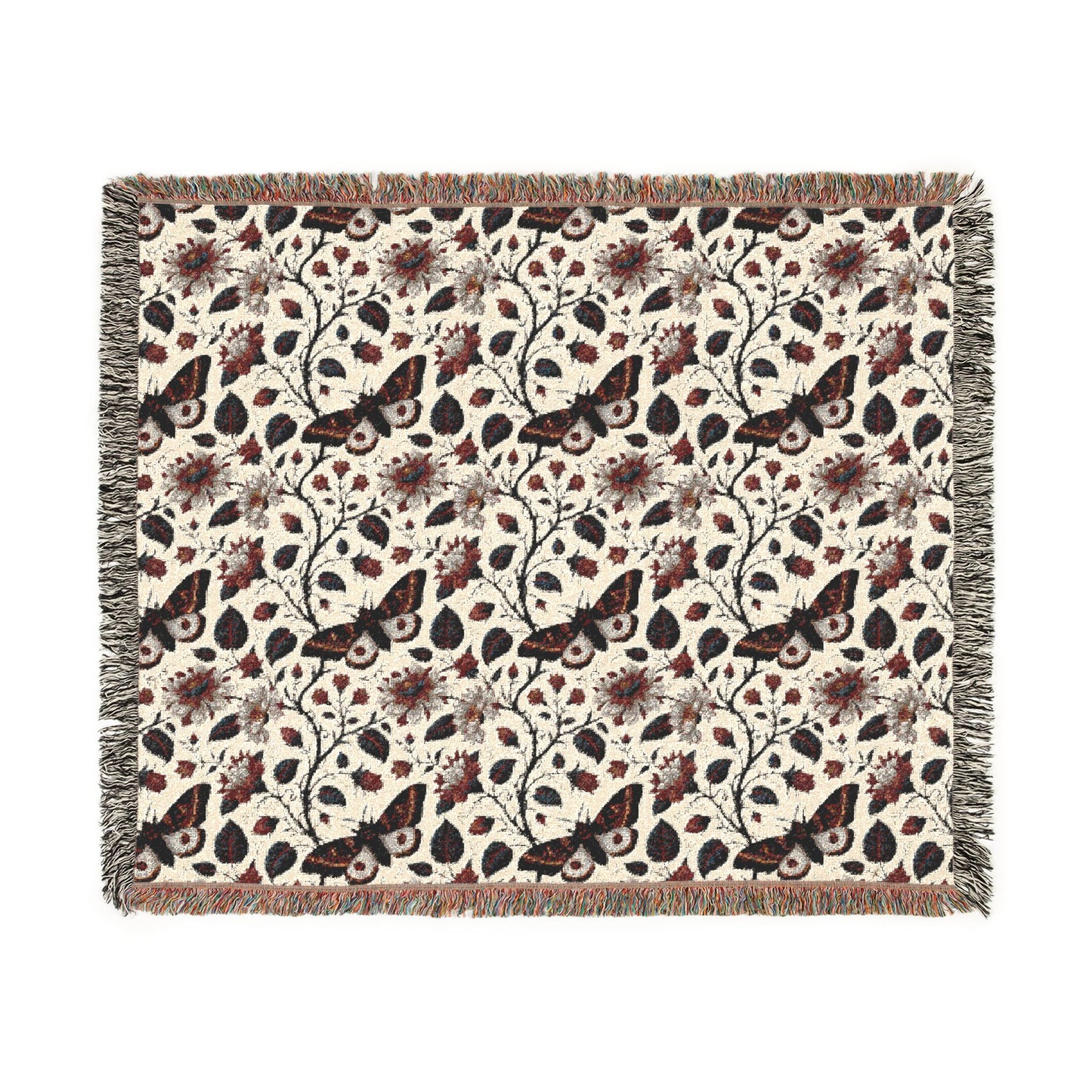 Gothic Floral Woven Blanket | Dark Botanical Moth Throw | Victorian Cottagecore Home Decor