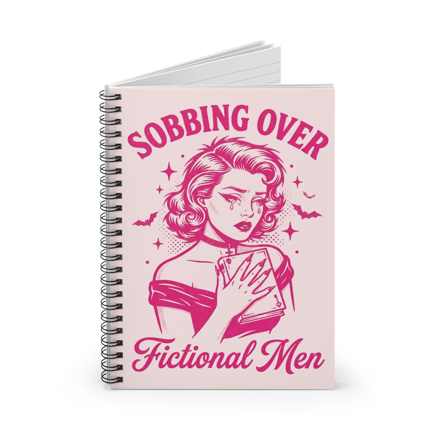 Sobbing Over Fictional Men Spiral Notebook – Pink Retro Journal for Book Lovers