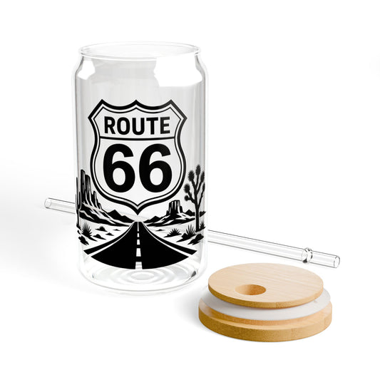 Route 66 Sipper Glass — 16oz Vintage Roadtrip Tumbler with Bamboo Lid
