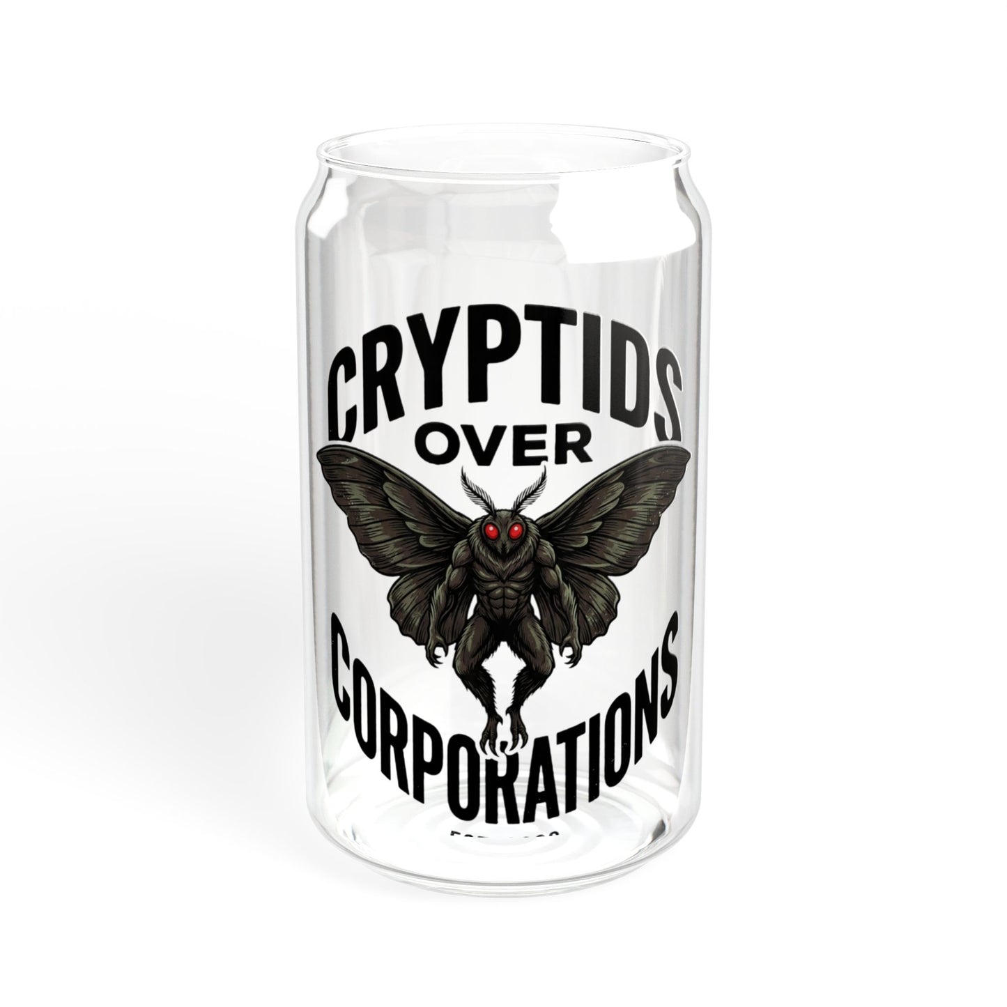 Cryptids Over Corporations Glass Can | Mothman Sipper Glass with Bamboo Lid & Straw | Funny Cryptid Iced Coffee Cup | Gothic Drinkware