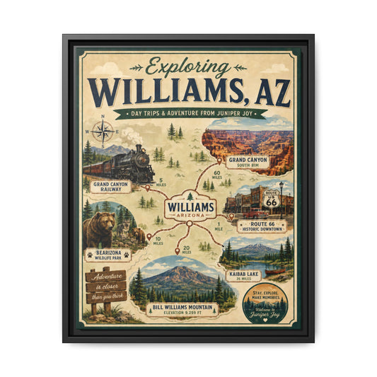 Williams, AZ Travel Map Framed Canvas — Vintage Exploring Poster