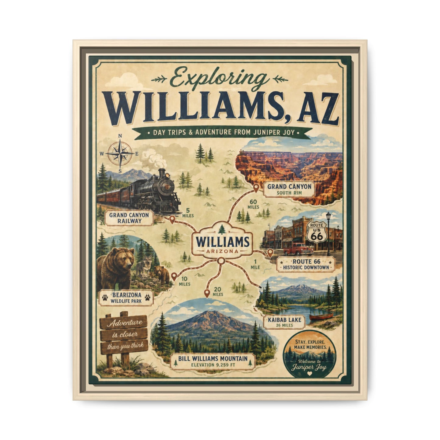 Williams, AZ Travel Map Framed Canvas — Vintage Exploring Poster
