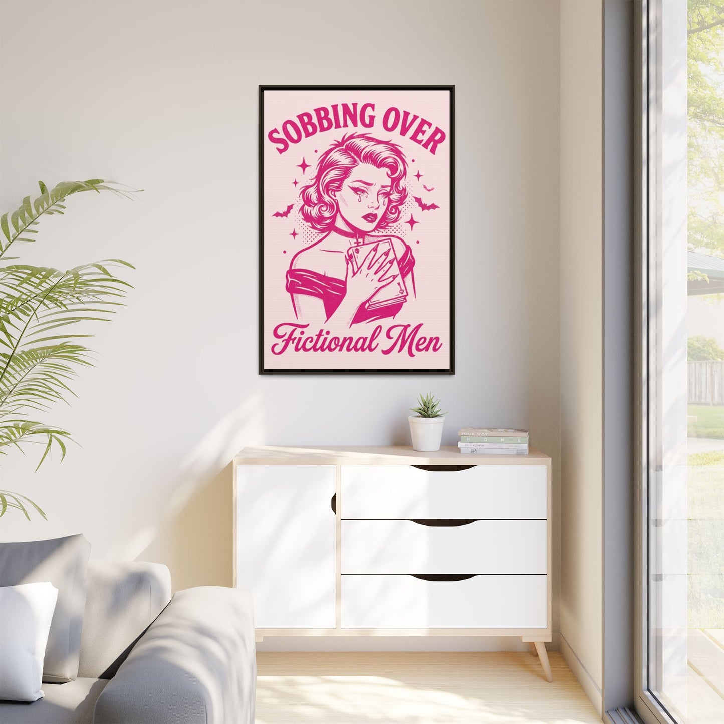 Framed Canvas Print — “Sobbing Over Fictional Men” Retro Pop Art