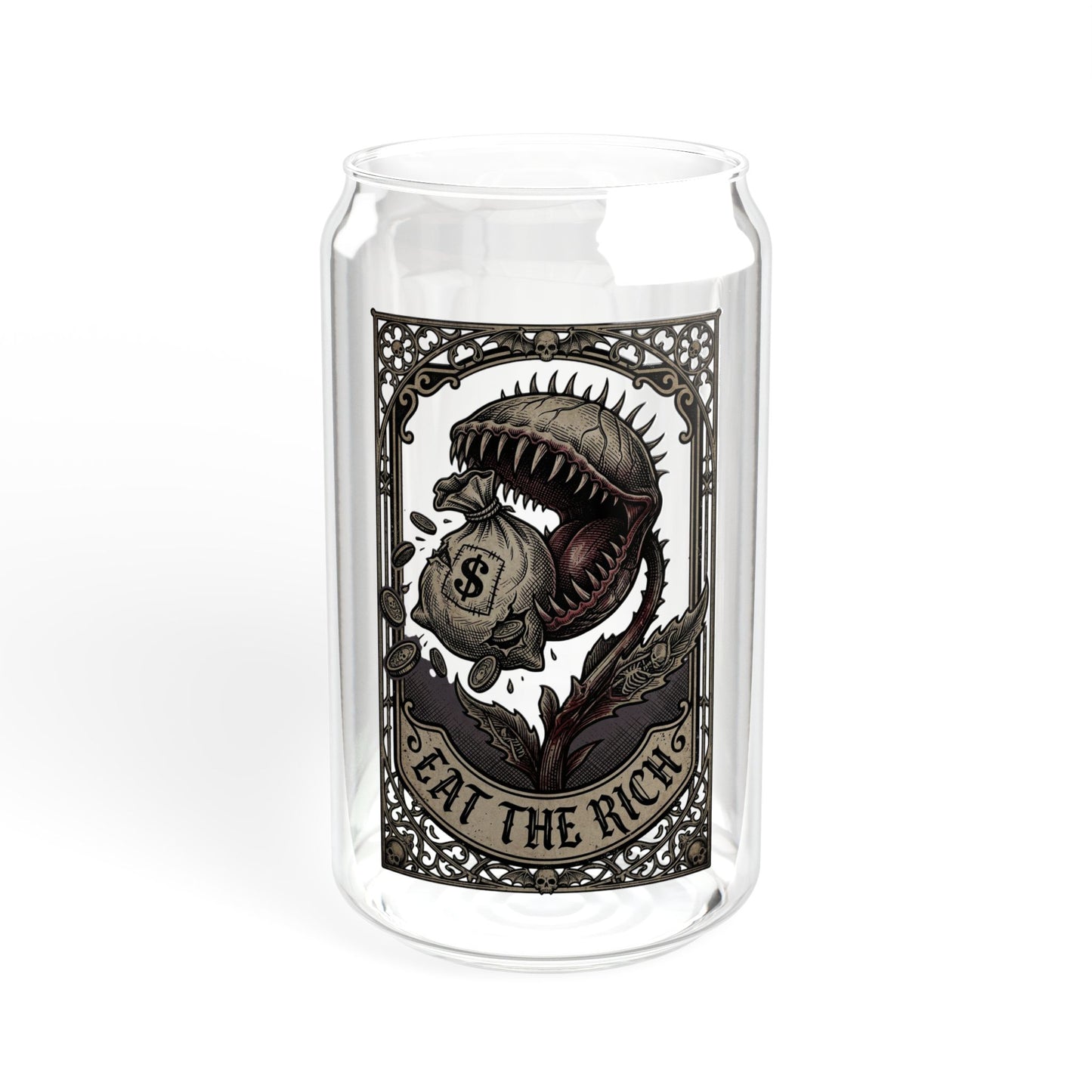 Eat the Rich Glass Can | Gothic Venus Flytrap Iced Coffee Cup with Bamboo Lid and Straw | Carnivorous Plant Glass