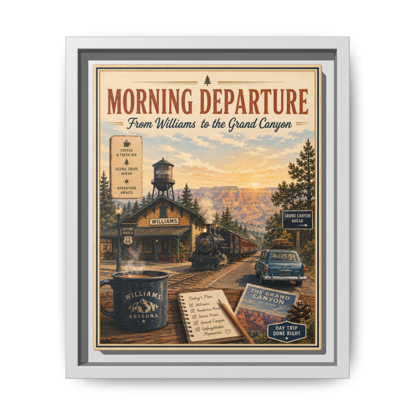 Morning Departure Framed Canvas Print — Vintage Grand Canyon Travel Poster