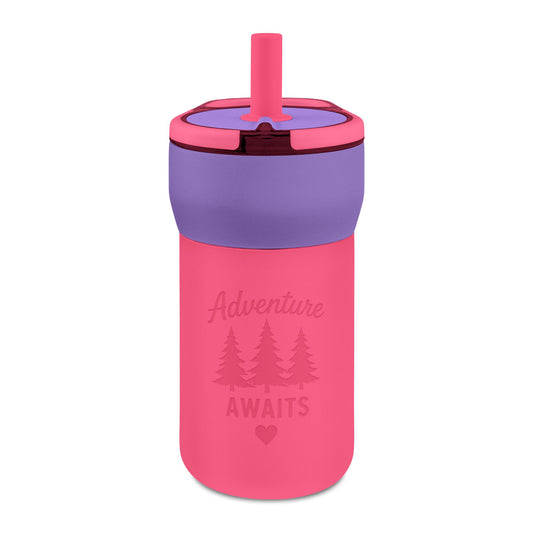 12oz Kids Straw Tumbler — 'Adventure Awaits' Engraved Leakproof Cup
